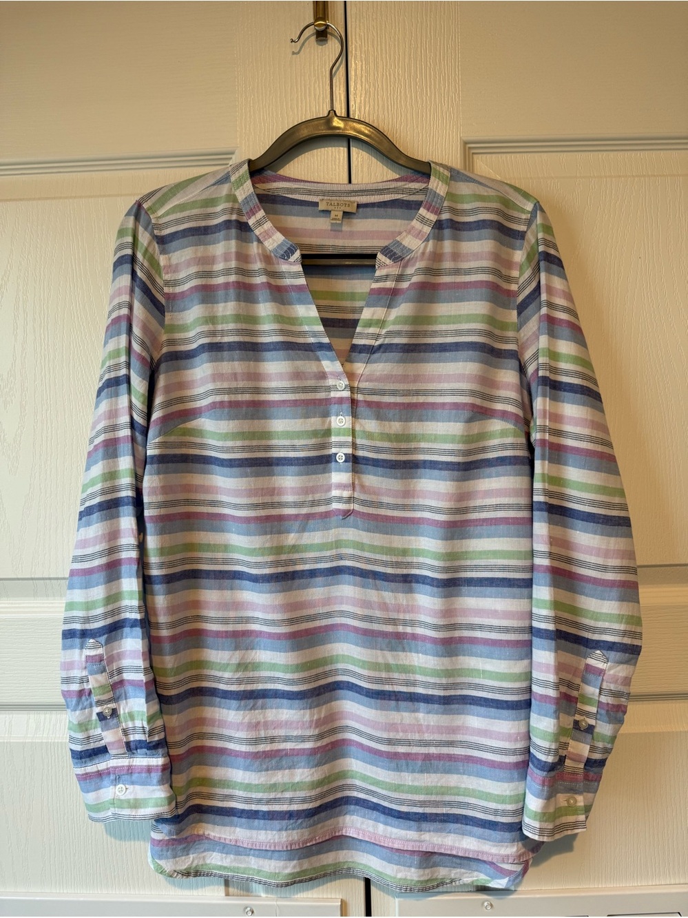 Talbots Striped Linen Blend Tunic Top Long Sleeve Blouse Size Medium V-neck